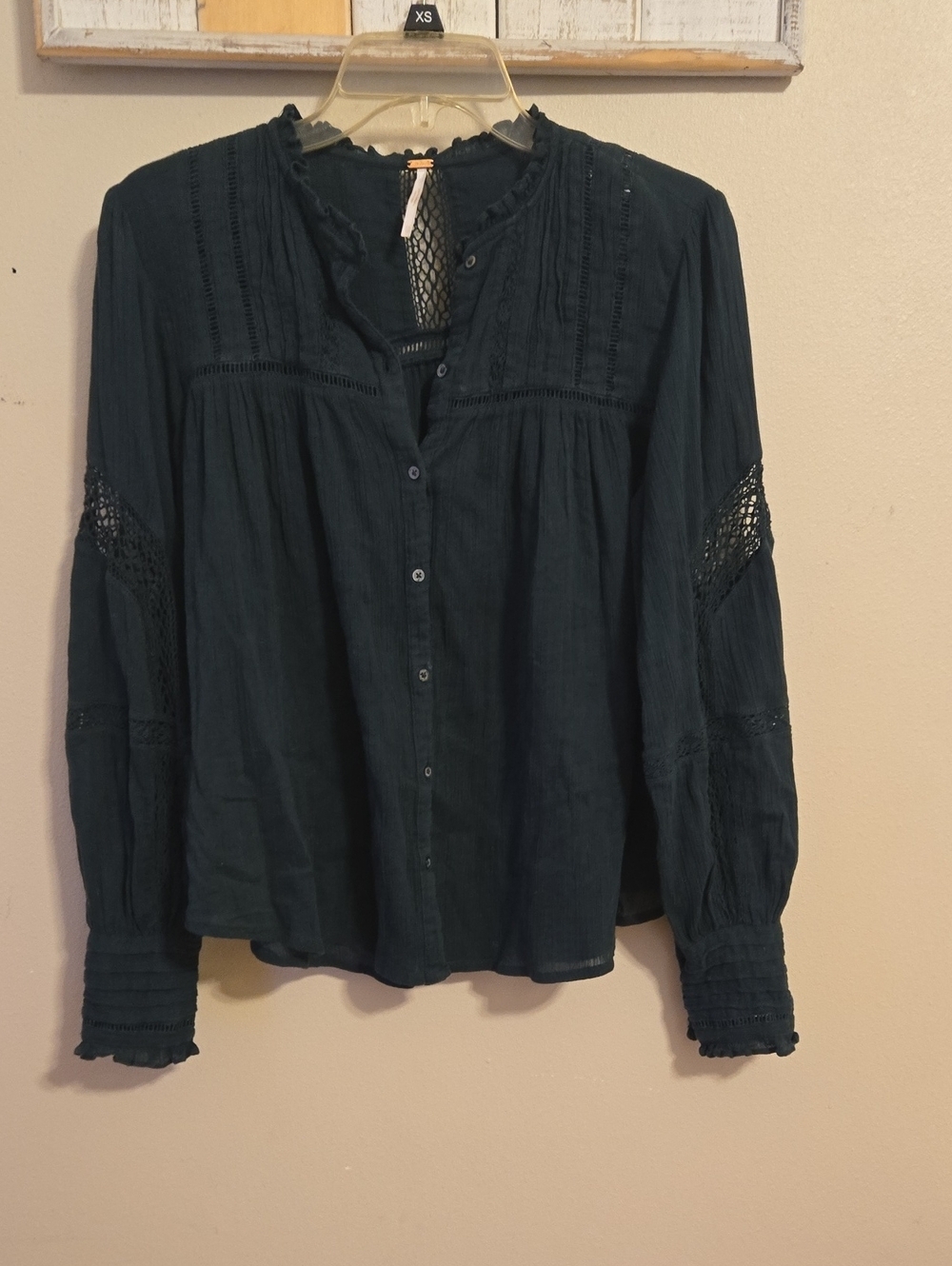 Free People Forest Green Lace-Inset Button-Down Blouse Sz XS